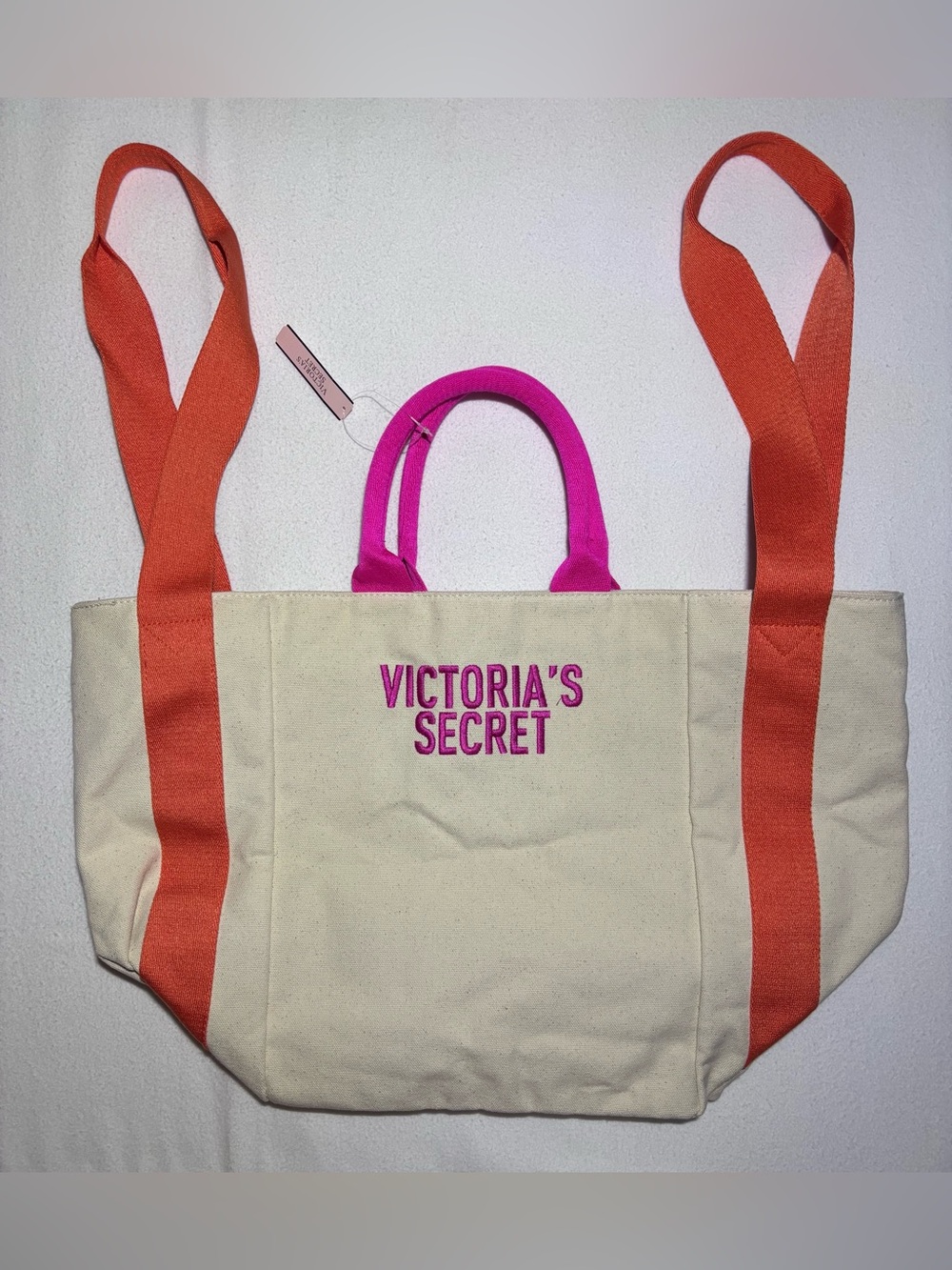 Victoria’s Secret NWT Canvas Tote Bag Pink Orange Cream $58 Retail